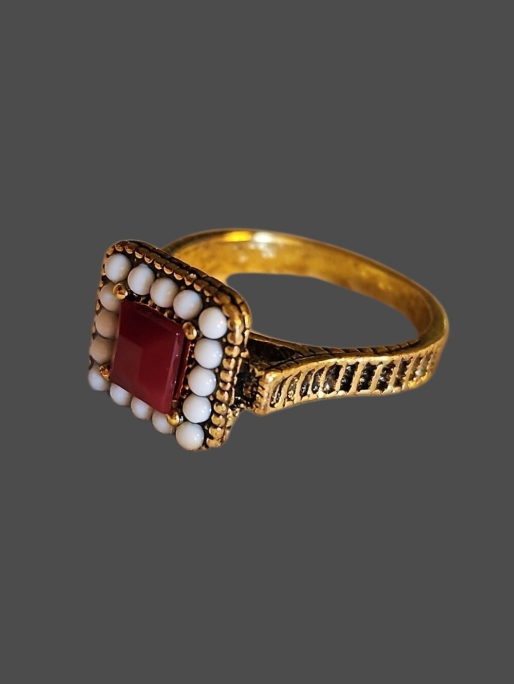 Vintage Georgian Style Gold-Tone Red Square Stone Ring with White Bead Halo